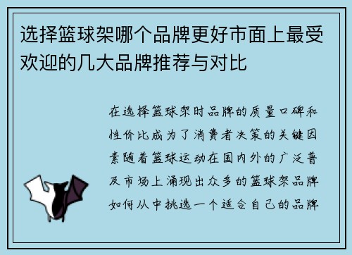 选择篮球架哪个品牌更好市面上最受欢迎的几大品牌推荐与对比