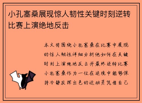 小孔塞桑展现惊人韧性关键时刻逆转比赛上演绝地反击